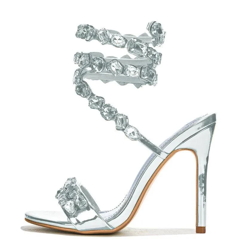 Crystal Embellished Wrap Around Stiletto Sandals For Women - Glova