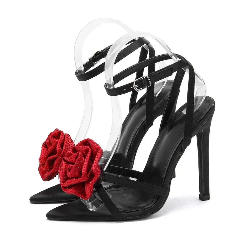 Crystal Flower Ankle Buckle Strap Thin Heels Denim Sandals - Glova