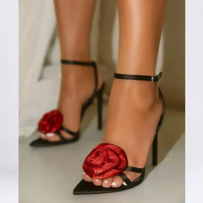 Crystal Flower Ankle Buckle Strap Thin Heels Denim Sandals - Glova