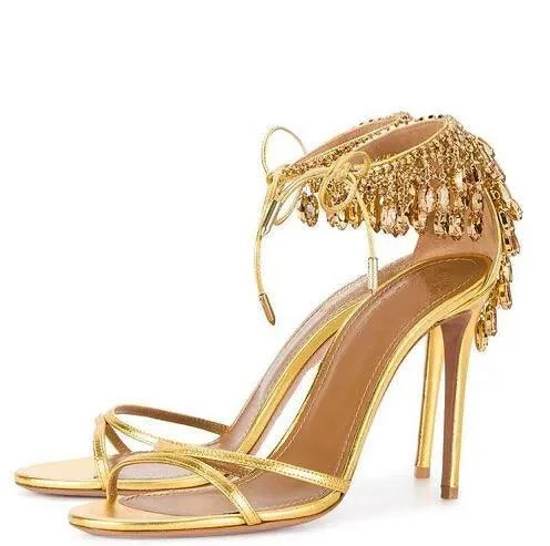 Crystal Fringe Back Silk Straps High Heels Sandals - Glova