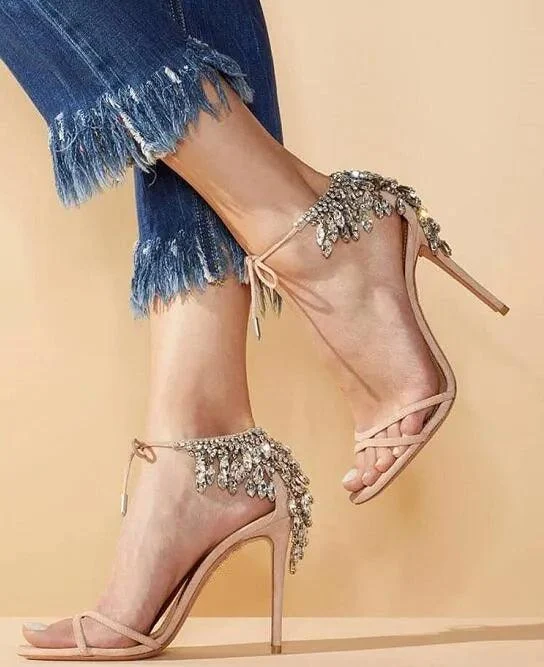 Crystal Fringe Back Silk Straps High Heels Sandals - Glova