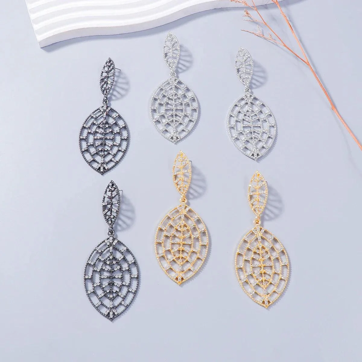 Crystal Leaf Web Drop Earrings - Glova