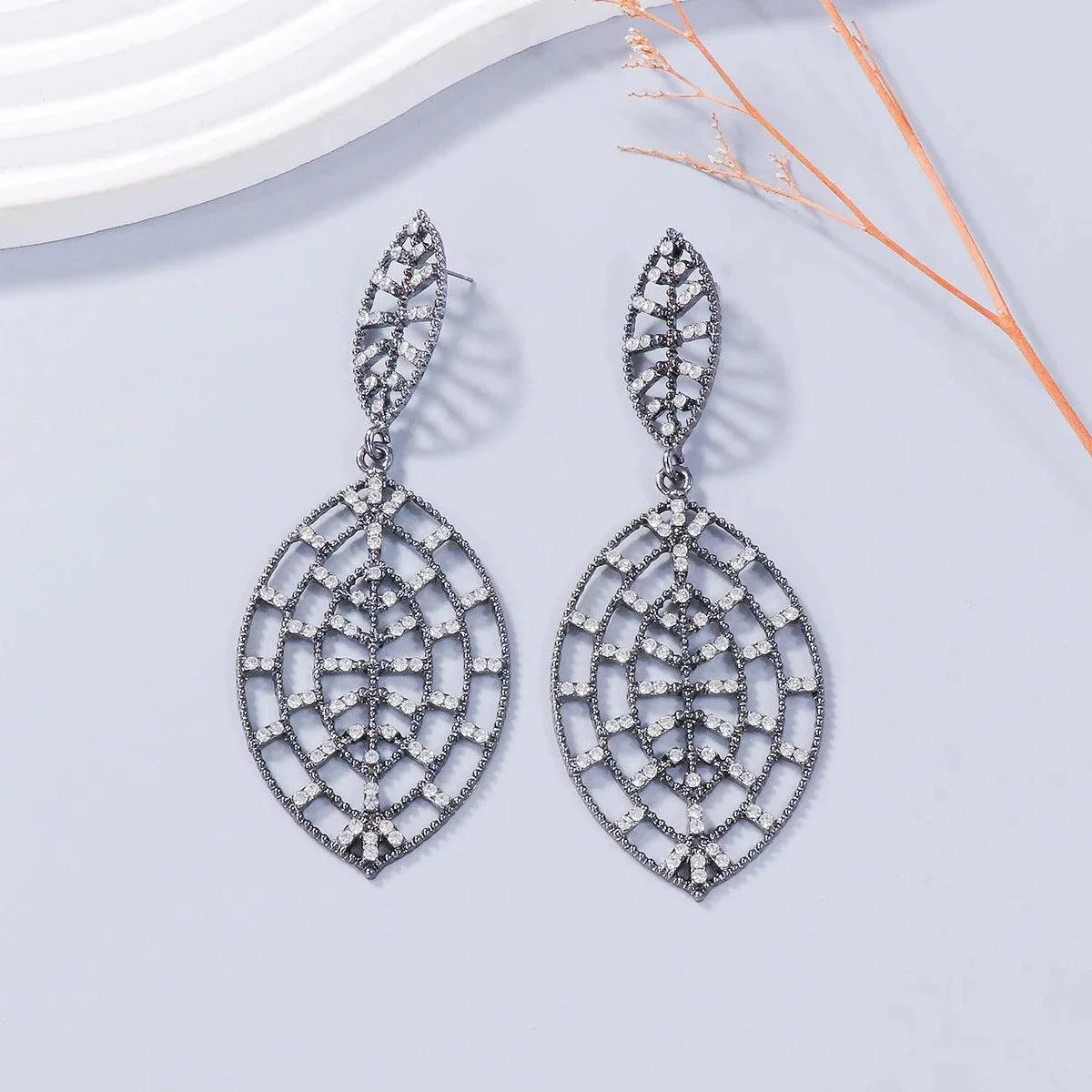 Crystal Leaf Web Drop Earrings - Glova