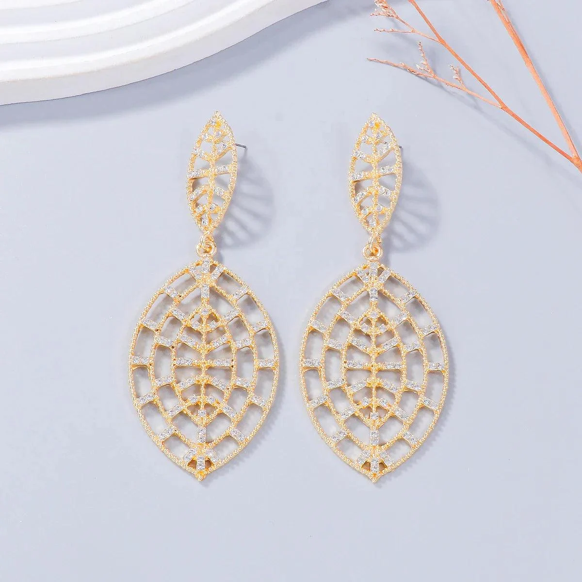 Crystal Leaf Web Drop Earrings - Glova