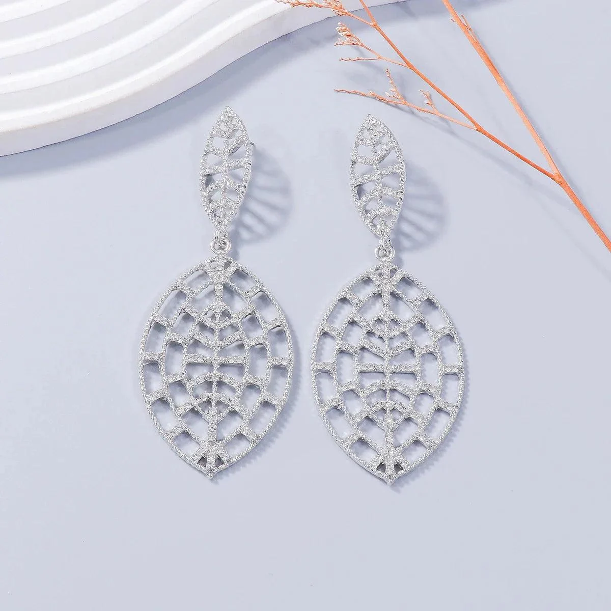 Crystal Leaf Web Drop Earrings - Glova