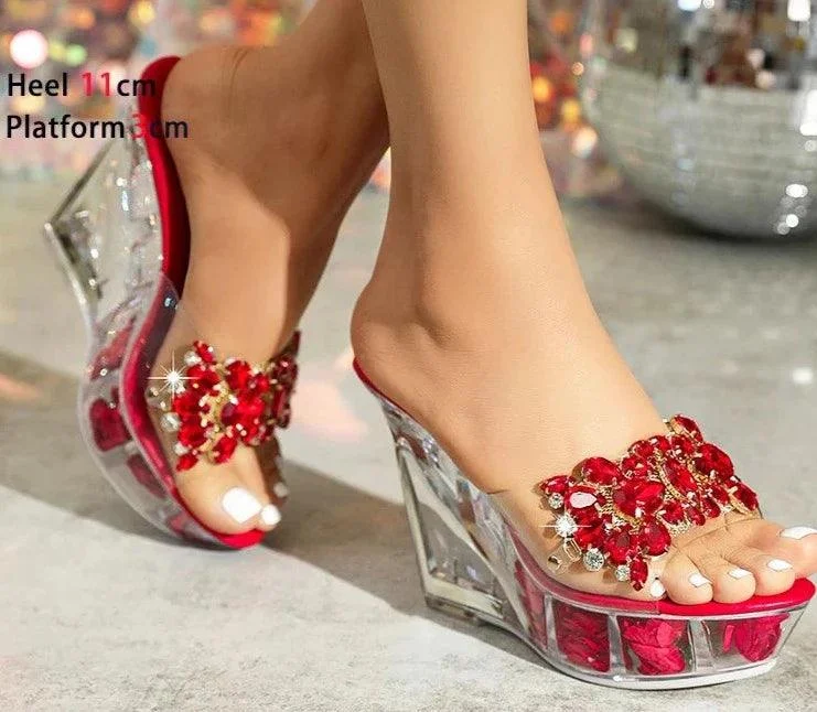 Crystal Rhinestone High Heels Transparent Wedges Shoes - Glova