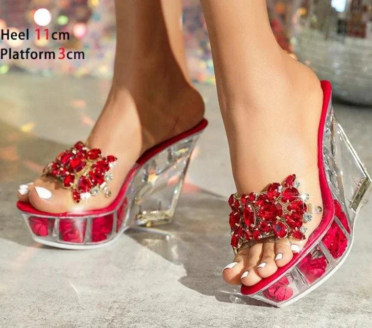 Crystal Rhinestone High Heels Transparent Wedges Shoes - Glova