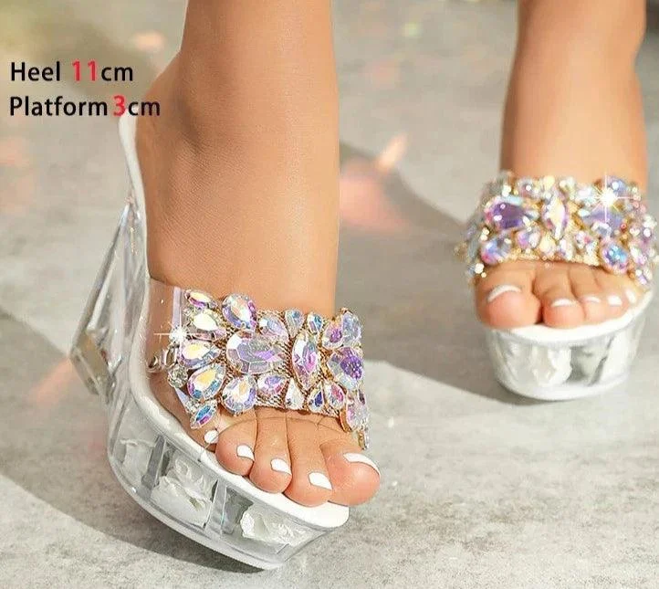 Crystal Rhinestone High Heels Transparent Wedges Shoes - Glova