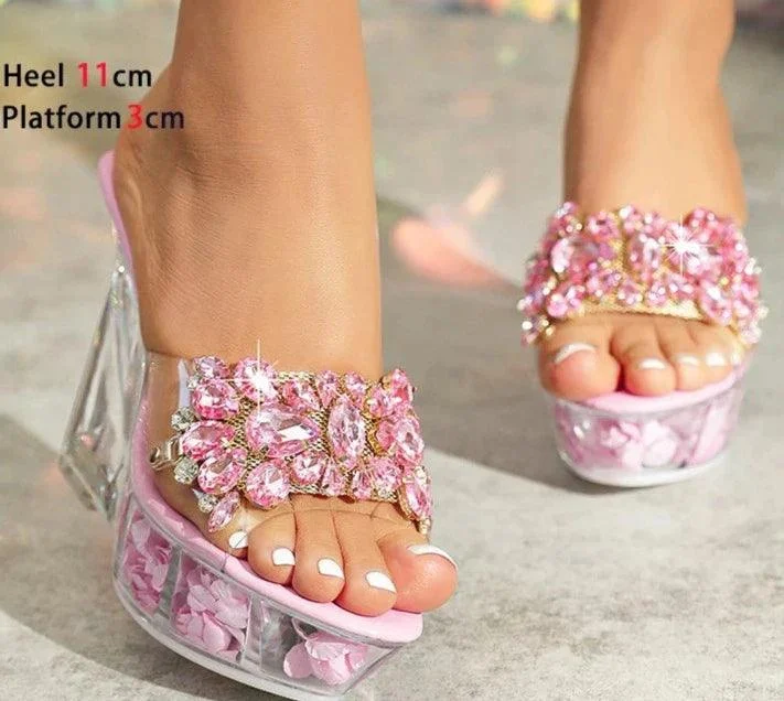 Crystal Rhinestone High Heels Transparent Wedges Shoes - Glova