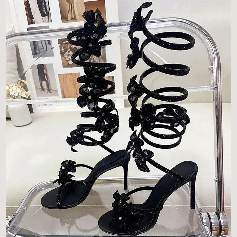 Crystal Snake-shaped Ribbon 9.5cm High Heel Open-toe Shoes - Glova