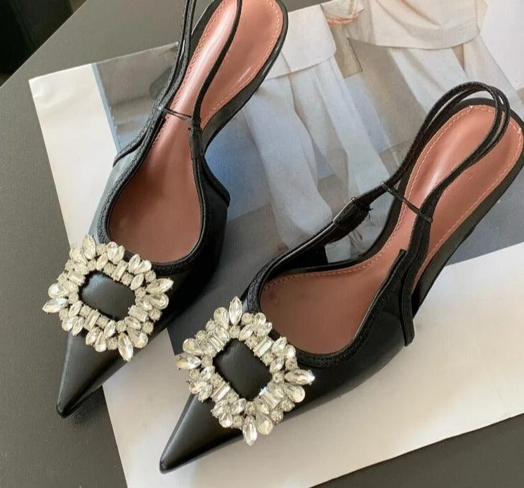 Crystal Thin Heels Pointed Toe Elegant Sling back Sandals - Glova