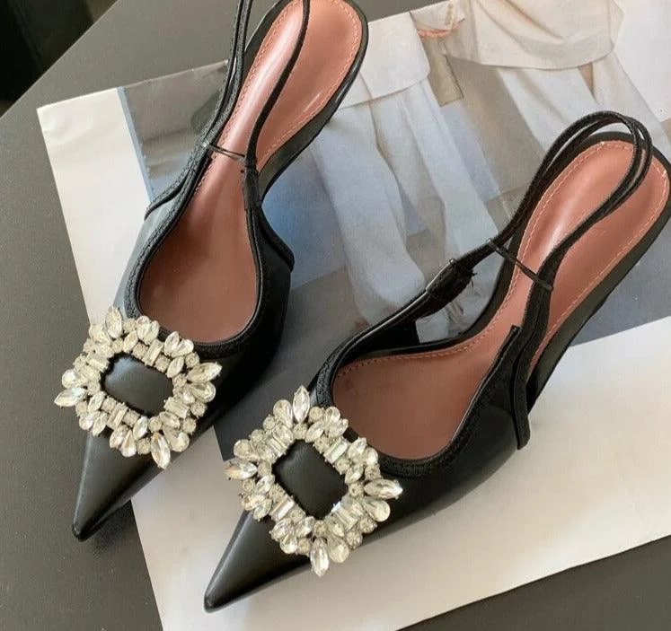 Crystal Thin Heels Pointed Toe Elegant Sling back Sandals - Glova