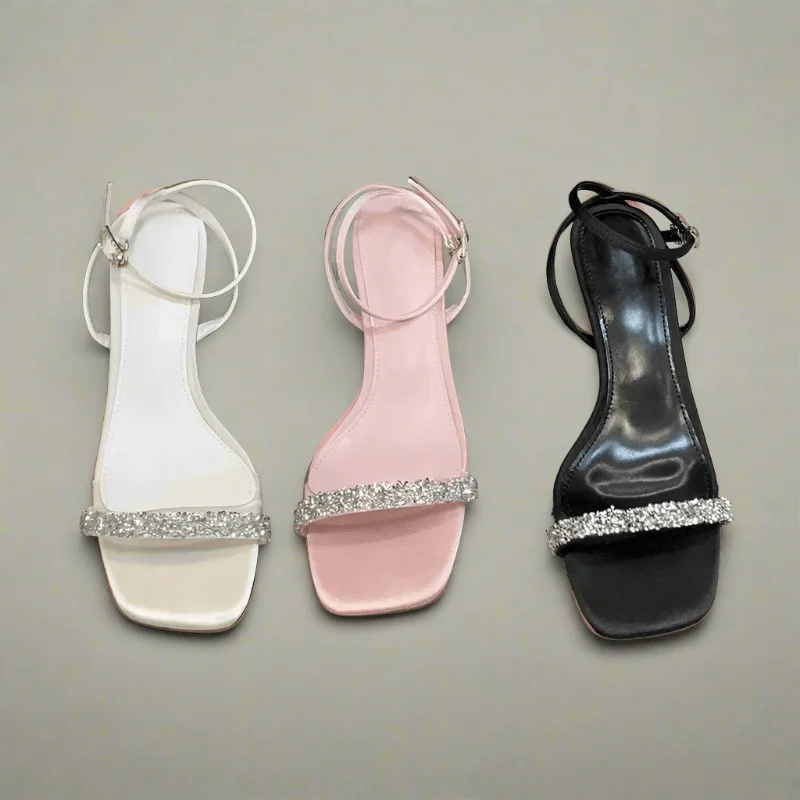 Crystal Thin Low Heels Ankle Buckle Strap Square Toe Shoes - Glova