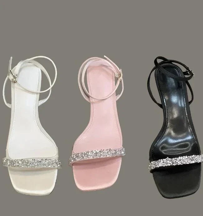 Crystal Thin Low Heels Ankle Buckle Strap Square Toe Shoes - Glova