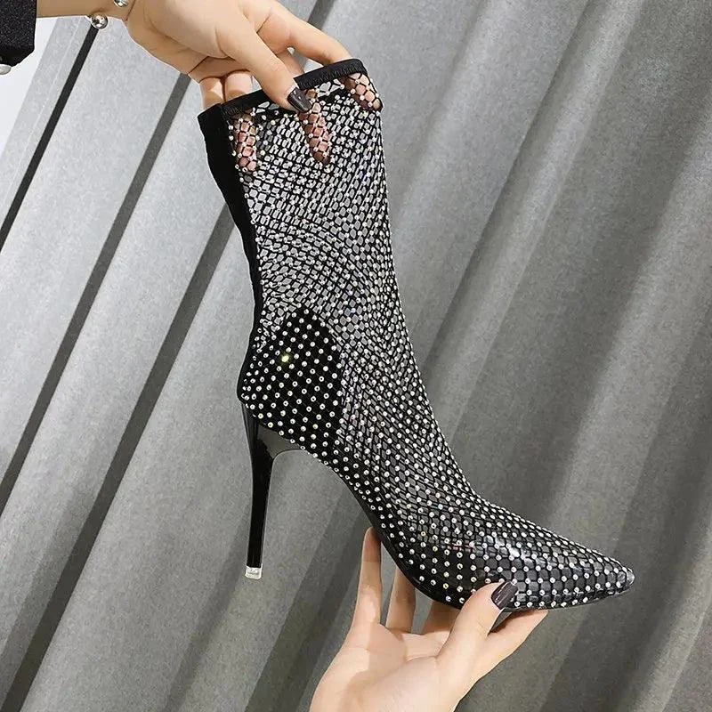 Crystal Transparent PVC Mesh Pointed Toe High Heels Shoes - Glova