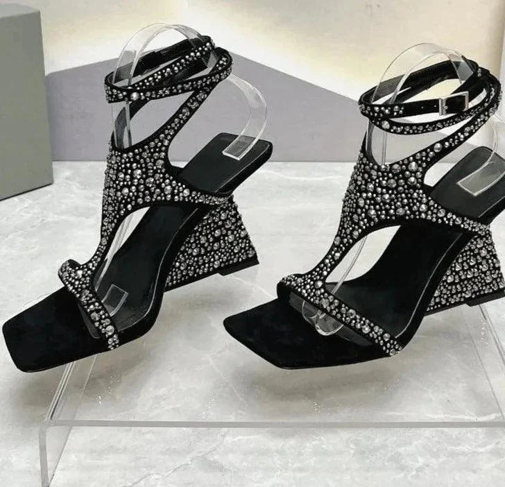 Crystals Rhinestones One Belt Ankle Straps Platform Heeled Shoes - Glova