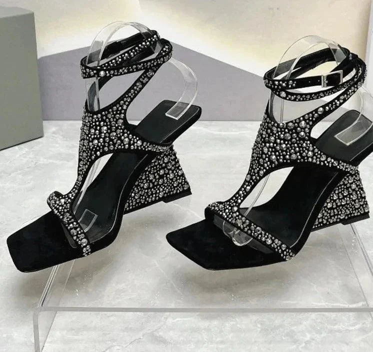 Crystals Rhinestones One Belt Ankle Straps Platform Heeled Shoes - Glova