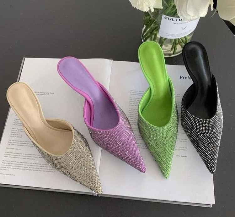 Crystals Thin Low Heels Pointed Toe Pump Shoes - Glova