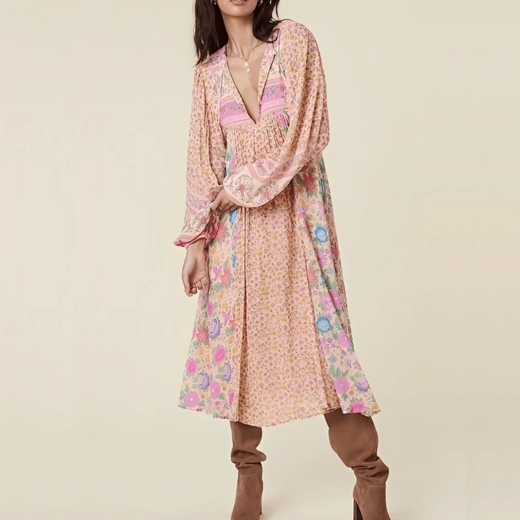 Dahlia Bohemian Empire Waist Floral Midi Dress - Glova