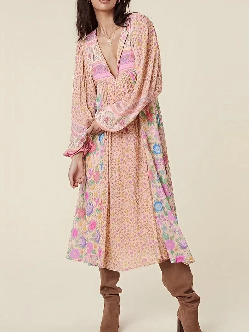 Dahlia Bohemian Empire Waist Floral Midi Dress - Glova