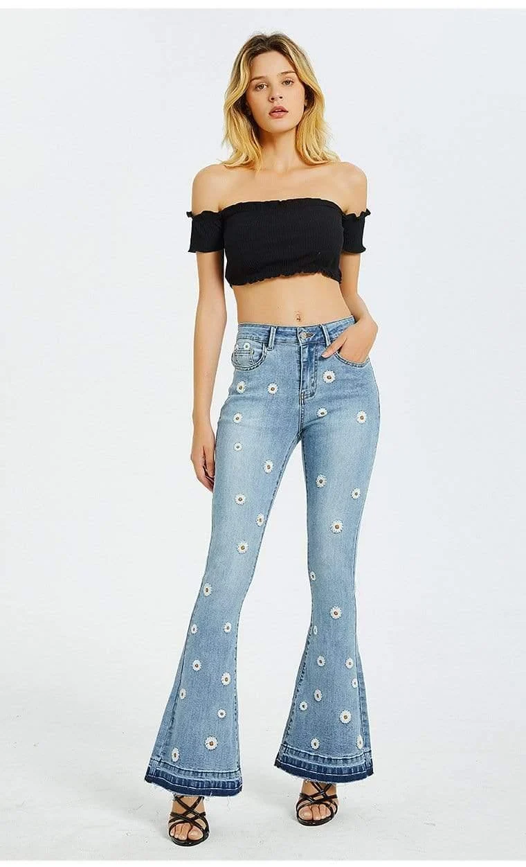 Daisies Embroidered Flare jeans - Glova