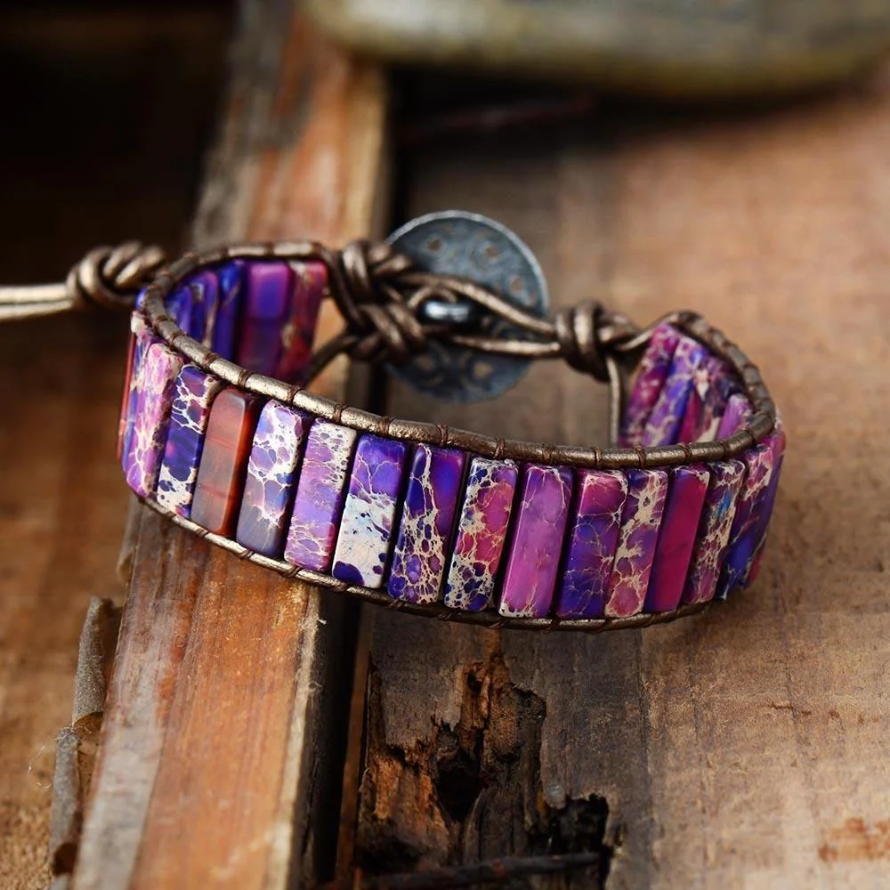 Darna Purple Jasper Leather Boho Wrap Bracelet - Glova