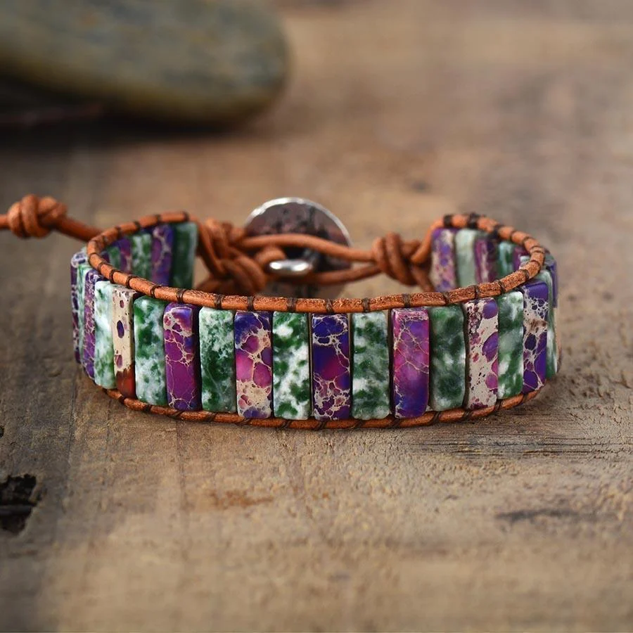 Darna Purple Jasper Leather Boho Wrap Bracelet - Glova