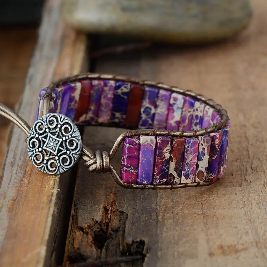 Darna Purple Jasper Leather Boho Wrap Bracelet - Glova