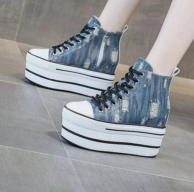 Denim and Leather Platform Wedge Heels Ankle Boots - Glova