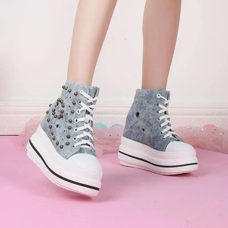 Denim Ankle Boots Platform Hidden Heels Winter Plush Shoes - Glova