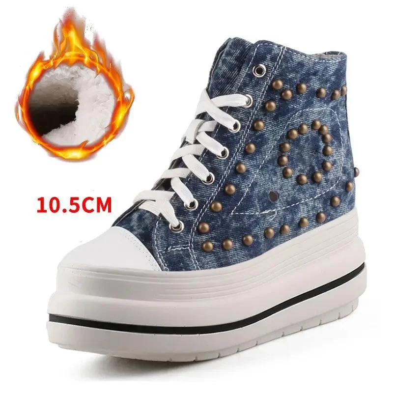 Denim Ankle Boots Platform Hidden Heels Winter Plush Shoes - Glova