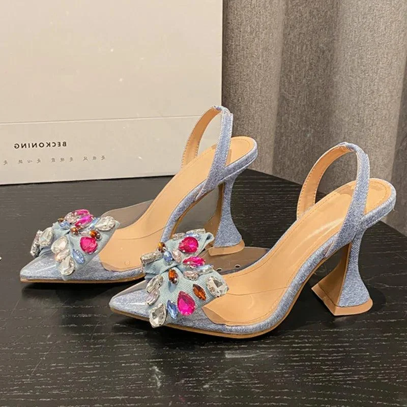 Denim Bowknot Crystal Pumps Pointed Toe High Heel Shoes - Glova