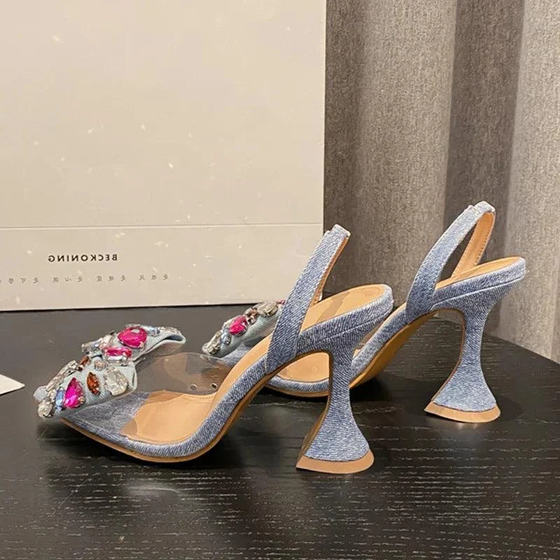 Denim Bowknot Crystal Pumps Pointed Toe High Heel Shoes - Glova