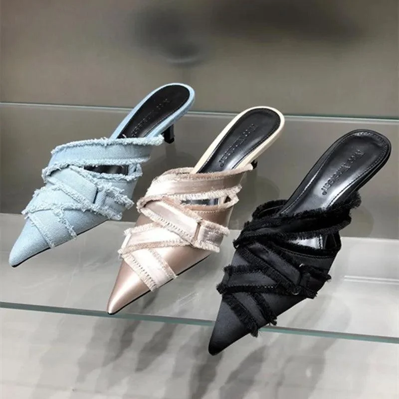 Denim Low Heel Pointed Toe Mules Shoes For Women - Glova