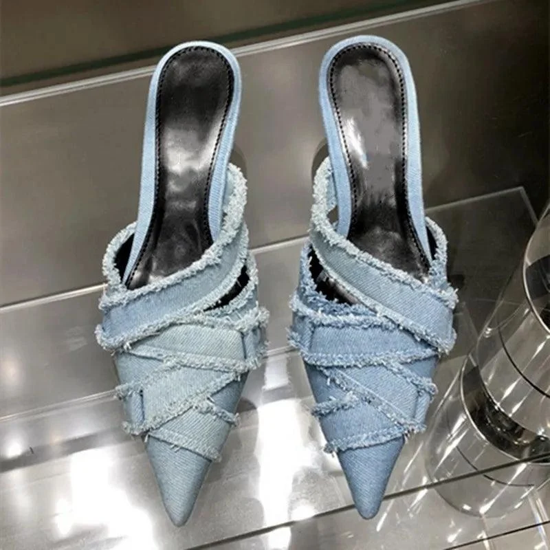 Denim Low Heel Pointed Toe Mules Shoes For Women - Glova