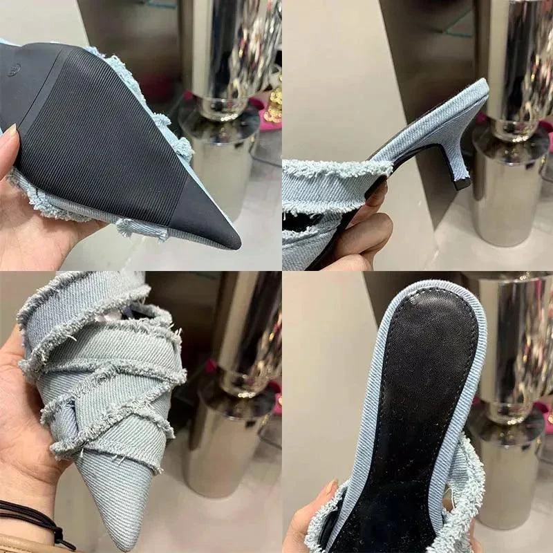 Denim Low Heel Pointed Toe Mules Shoes For Women - Glova