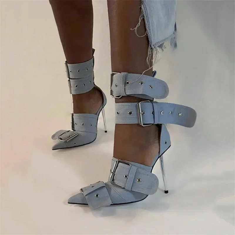 Denim Metal Rivet Buckle Punk Style Women Shoes - Glova