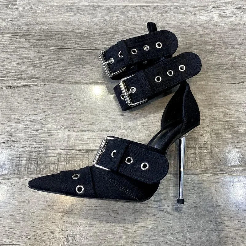 Denim Metal Rivet Buckle Punk Style Women Shoes - Glova