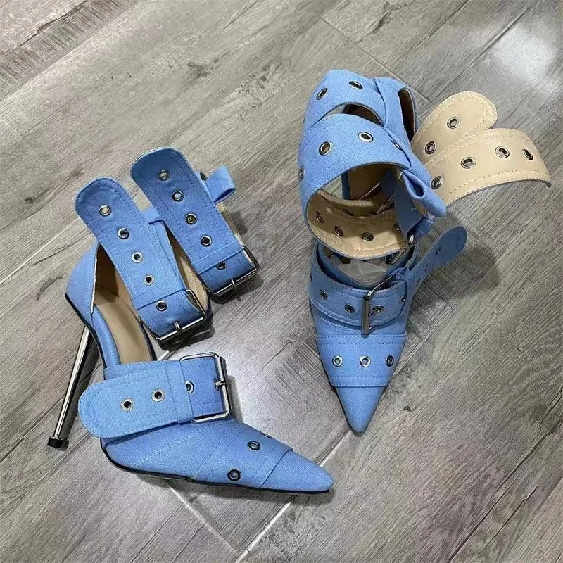 Denim Metal Rivet Buckle Punk Style Women Shoes - Glova