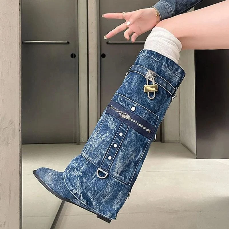 Denim Overlay Knee High Pockets Metal Shark Lock Booties - Glova