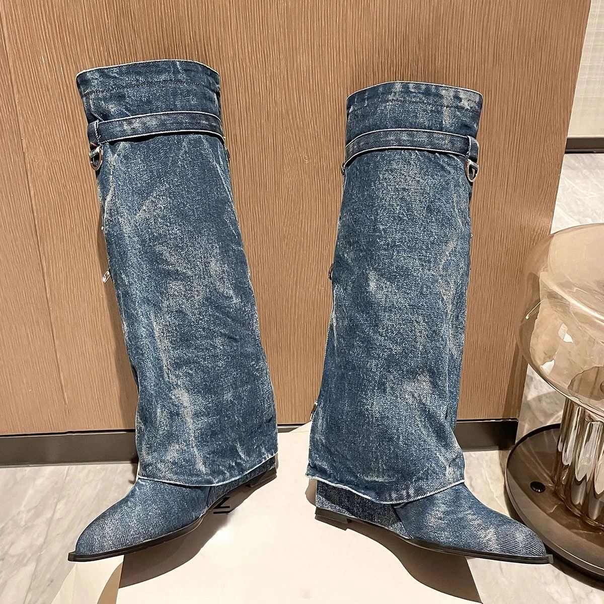 Denim Overlay Knee High Pockets Metal Shark Lock Booties - Glova