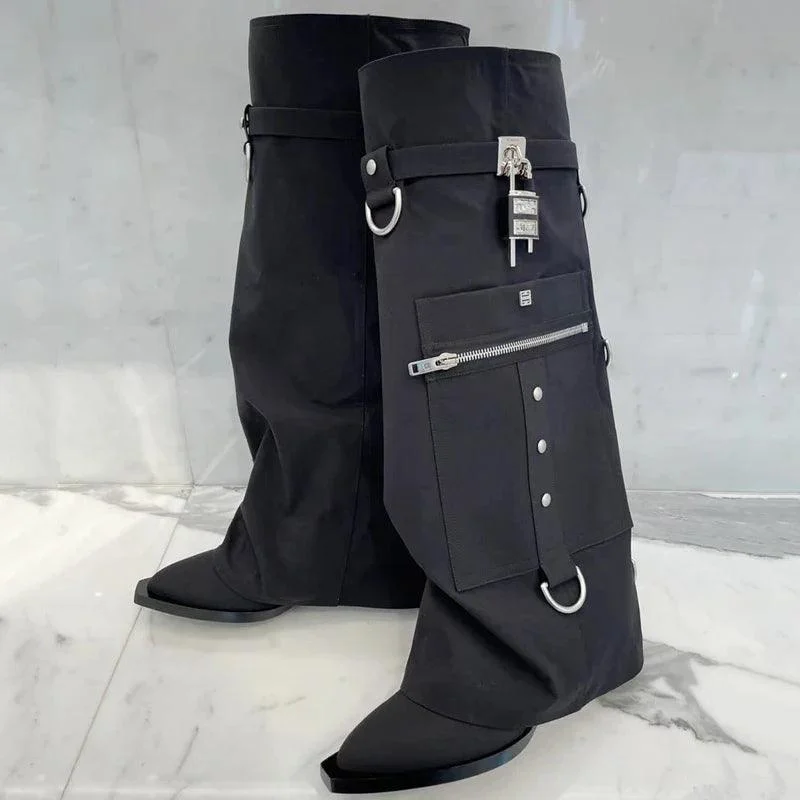 Denim Overlay Knee High Pockets Metal Shark Lock Booties - Glova