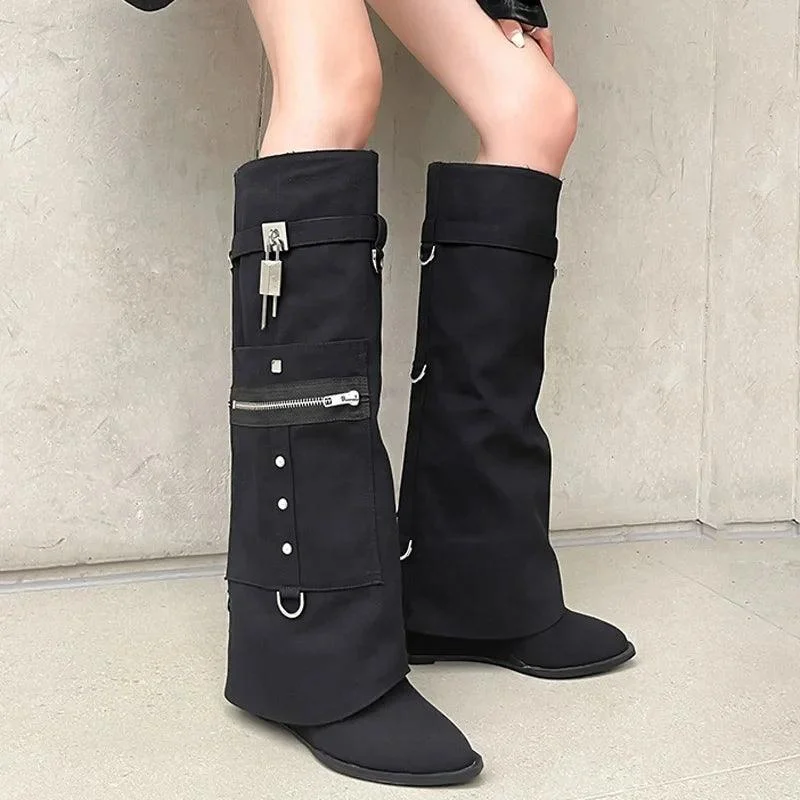 Denim Overlay Knee High Pockets Metal Shark Lock Booties - Glova