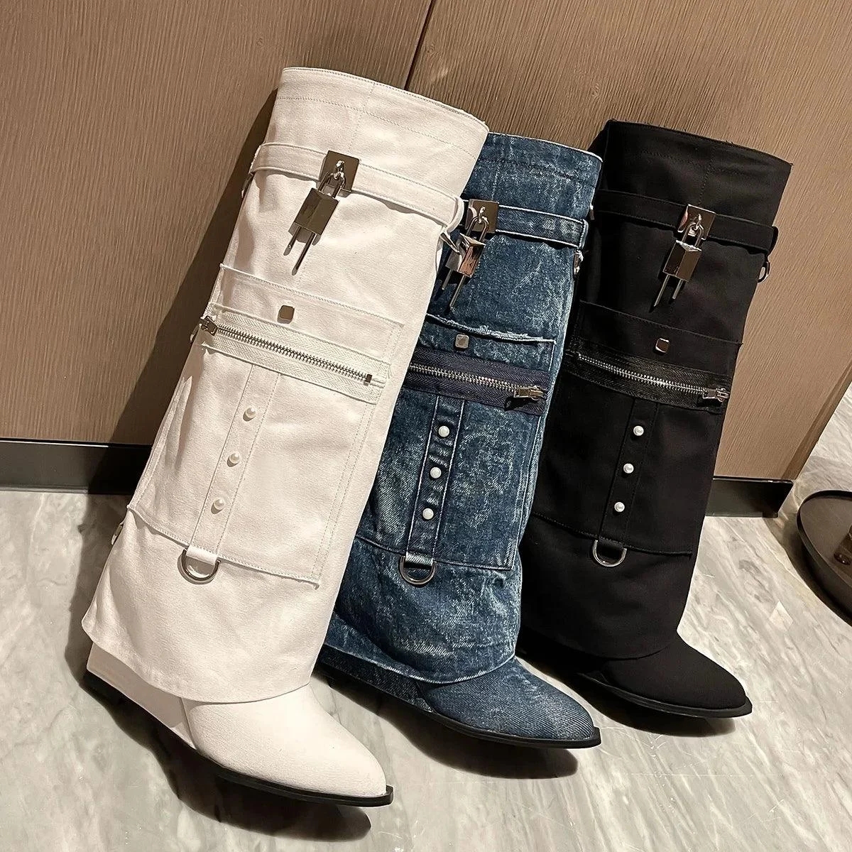 Denim Overlay Knee High Pockets Metal Shark Lock Booties - Glova