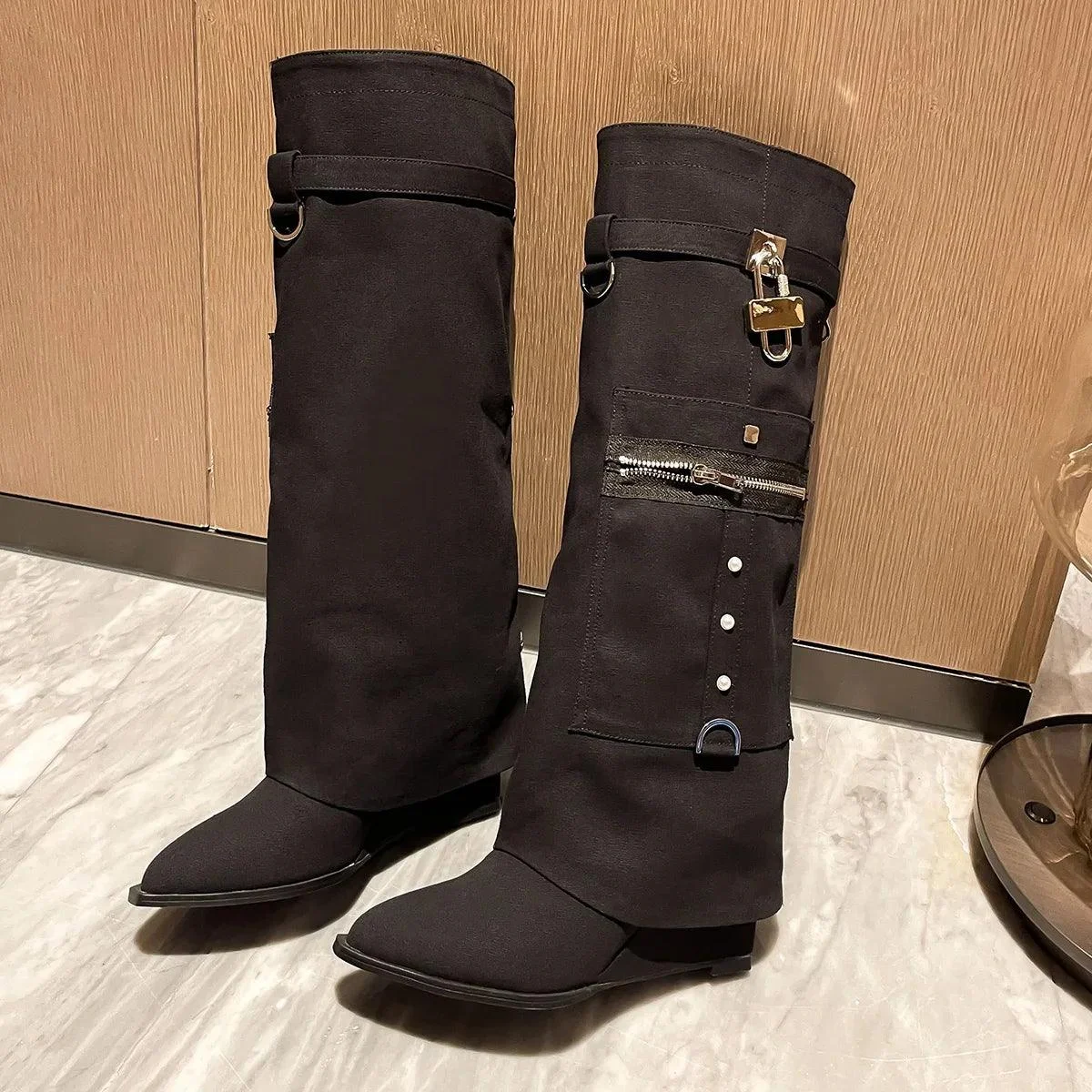 Denim Overlay Knee High Pockets Metal Shark Lock Booties - Glova