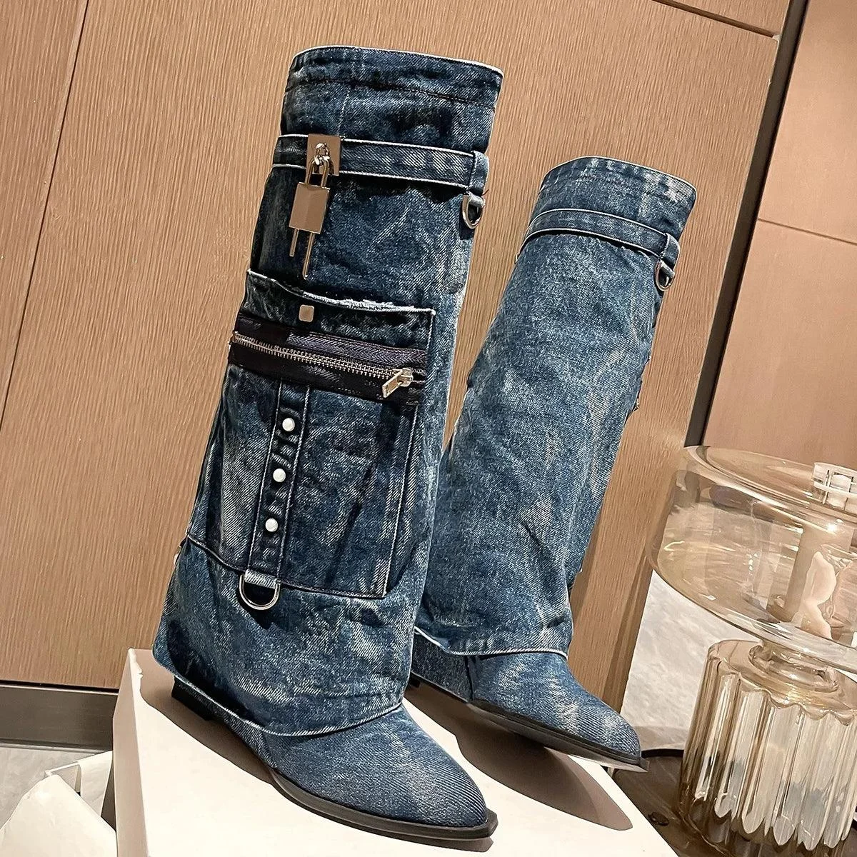 Denim Overlay Knee High Pockets Metal Shark Lock Booties - Glova