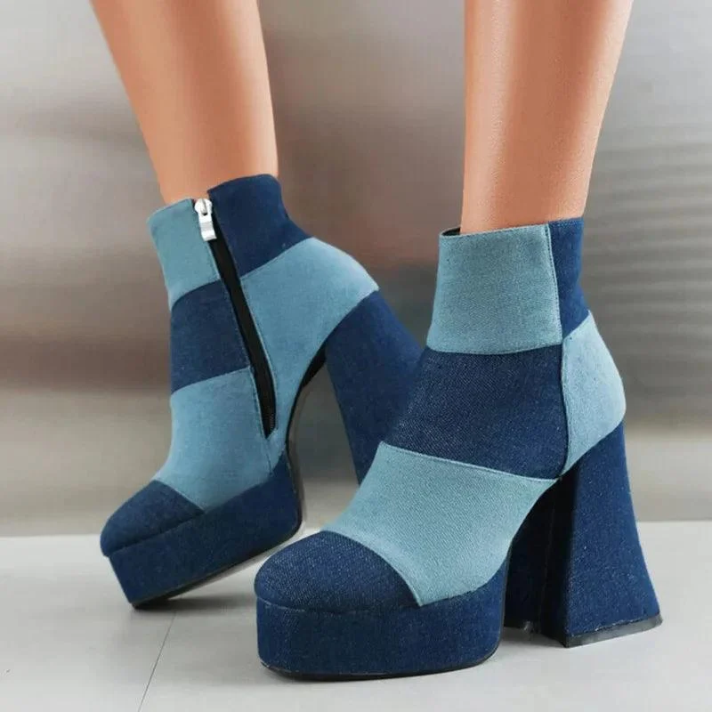 Denim Patchwork Round Toe Platform Back Zipper Ankle Boots - Glova