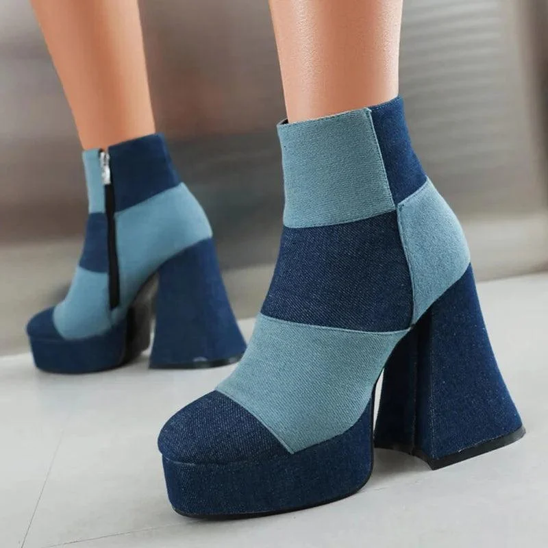 Denim Patchwork Round Toe Platform Back Zipper Ankle Boots - Glova