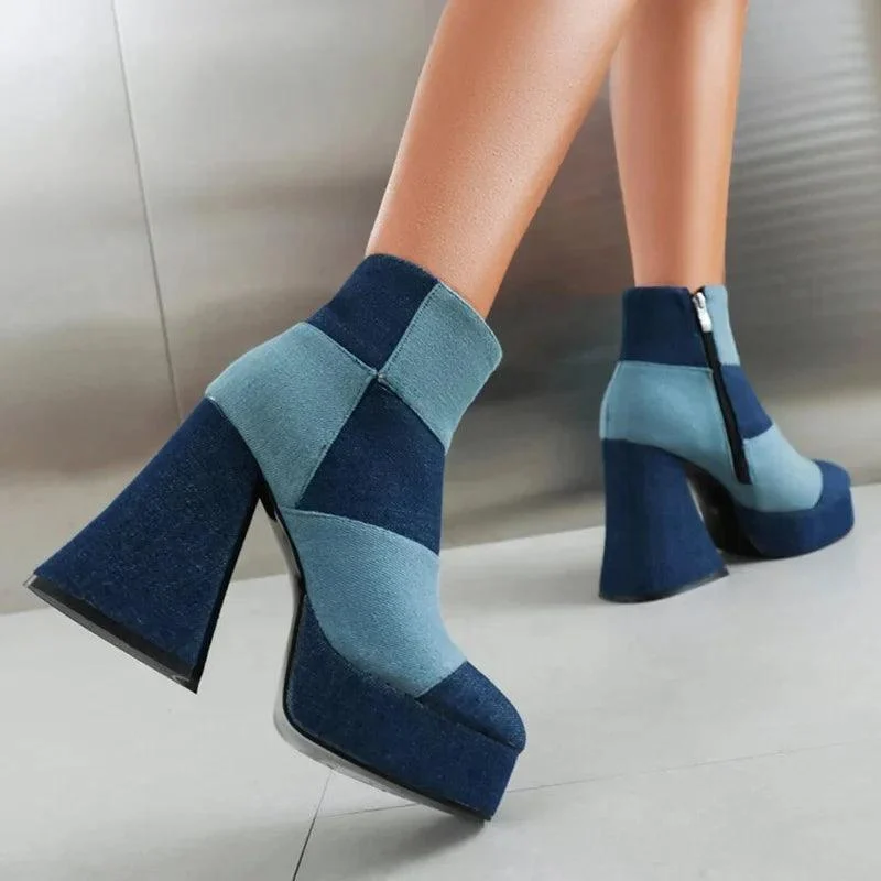 Denim Patchwork Round Toe Platform Back Zipper Ankle Boots - Glova