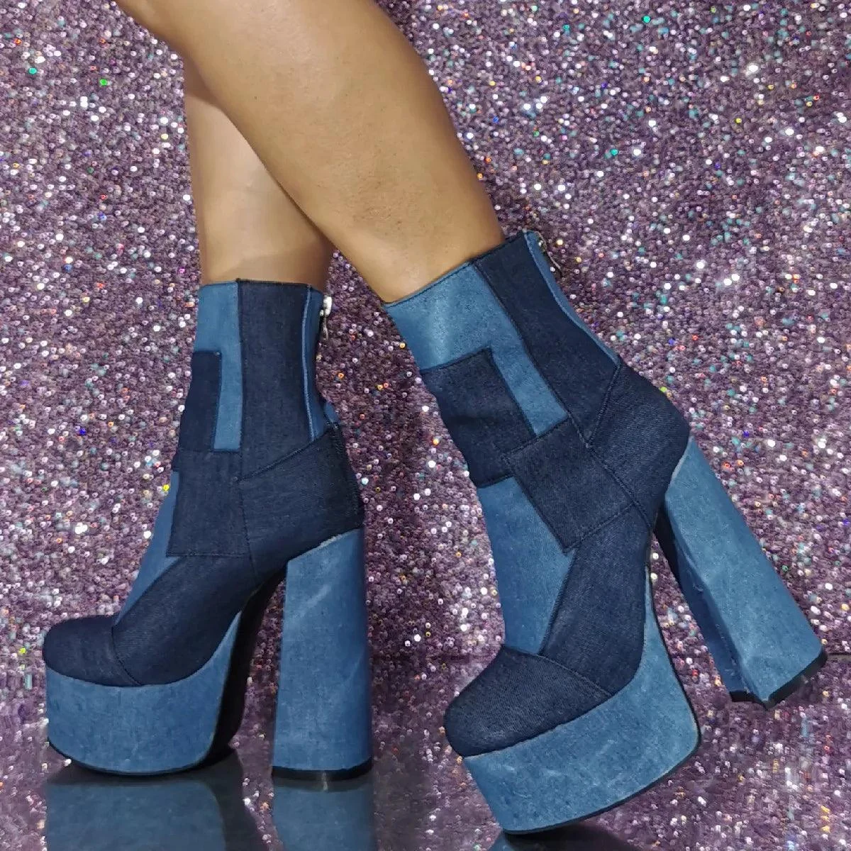 Denim Patchwork Round Toe Platform Short Boots Back Zipper - Glova